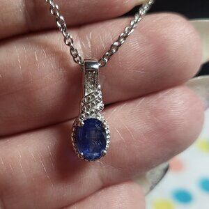 Kashmir Kyanite, White Zircon Sea Waves Sterling Silver Pendant Necklace